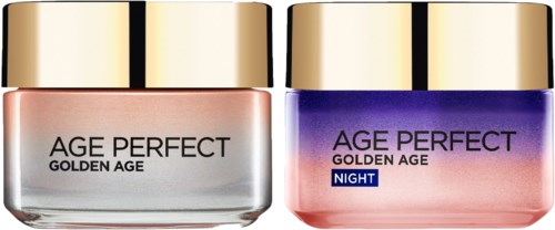 Two cosmetic jars labeled 'Age Perfect Golden Age,' one for day and one for night use, with gold caps and pastel colors.