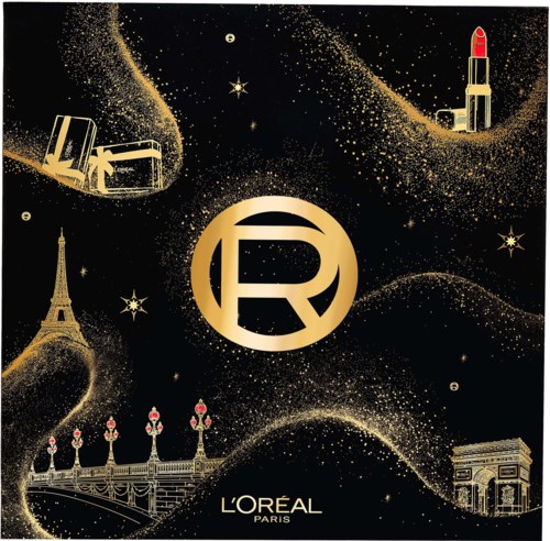 L'Oreal Paris-logotyp omgivet av gyllene glitter, med illustrationer av ett läppstift, Eiffeltornet och en bro på svart bakgrund.