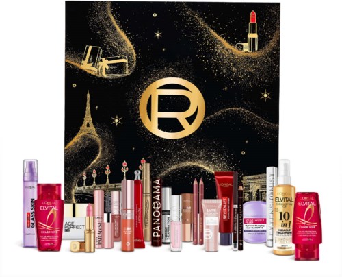 Utbud av hudvårds-, make-up- och skönhetsprodukter framför en svart och guld julbakgrund.
