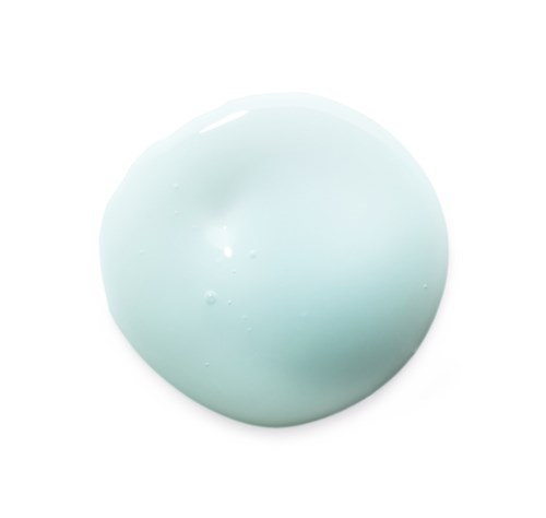 A small, pale blue round object with tiny bubbles inside on a white background.