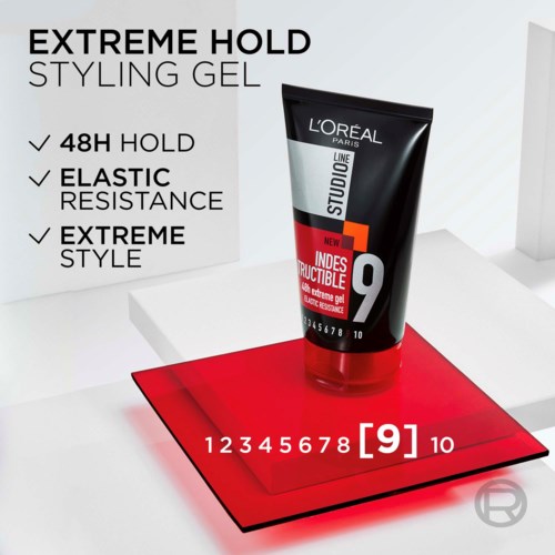 L'Oréal Studio Line Extreme Hold Styling Gel biedt 48 uur houdkracht, elastische weerstand en een extreme stijl. De tube is zwart en rood.
