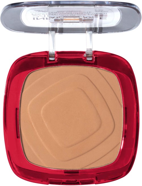 Ein kleiner, roter Make-up-Koffer mit beige Puder und durchsichtigem Deckel. Das Puder hat ein Muster aus konzentrischen Quadraten.