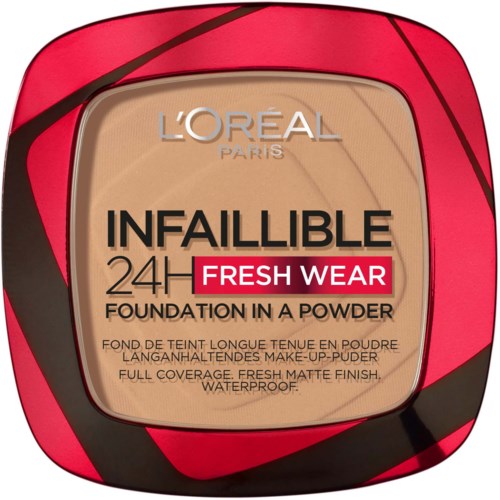 L'Oréal Infaillible 24H Fresh Wear Foundation in Puderform, mit roter und schwarzer Verpackung. Wasserfest.