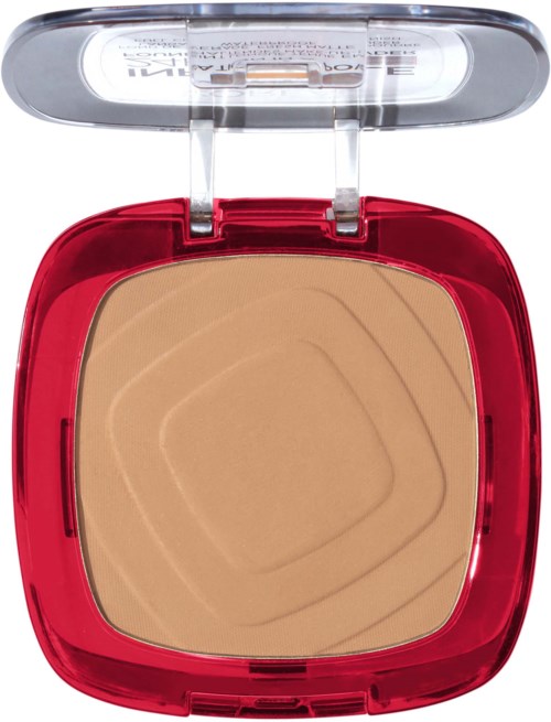 Ein rotes Make-up-Produkt mit beigem Puder und transparentem Deckel.