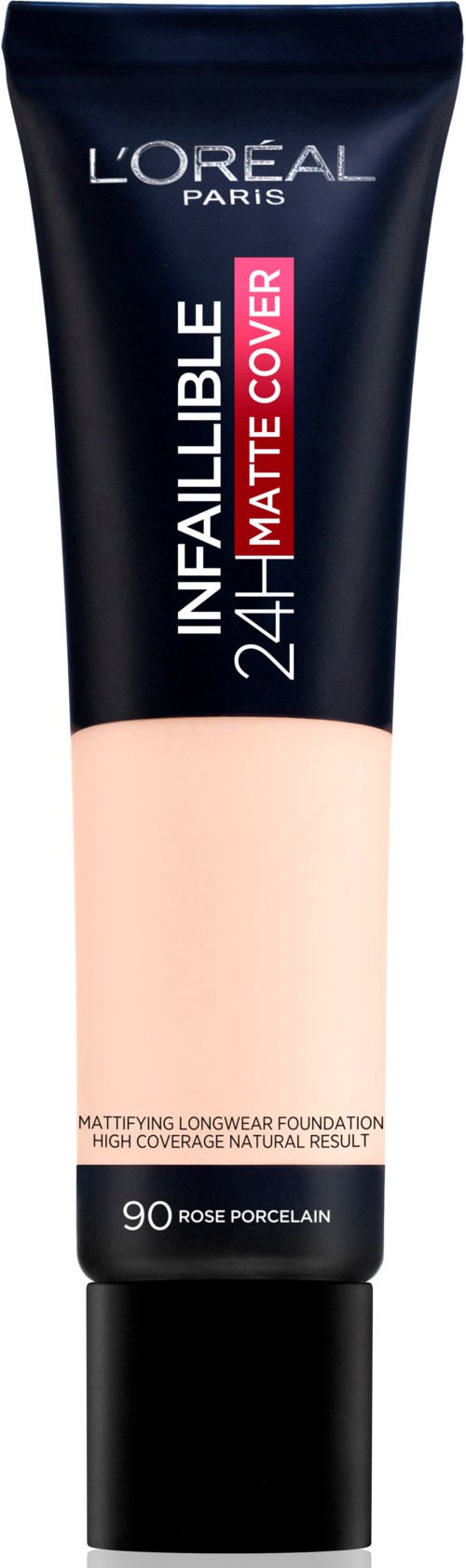 En svart tub med foundation från L'Oreal, med beige botten, märkt 'Infallible 24H Matte Cover' och 'Rose Porcelaine'.