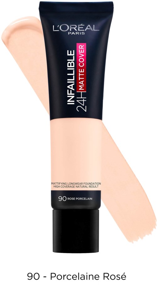L'Oréal-foundationsrör med beige smet och produktnamn, nyans 90 Porcelaine Rosé, lätt att använda.