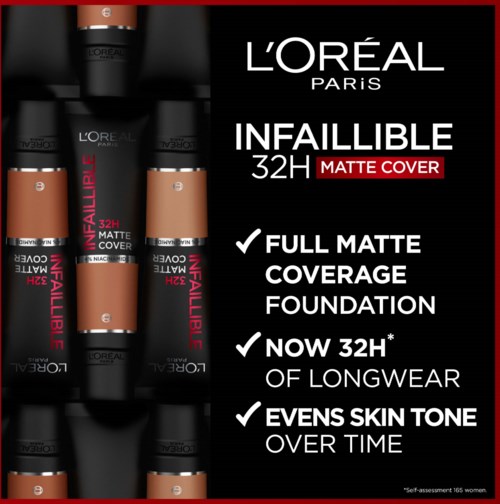 Butelki podkładu matowego Infaillible od L'Oréal, czarne i beżowe, wyświetlane z funkcjami i korzyściami produktu.