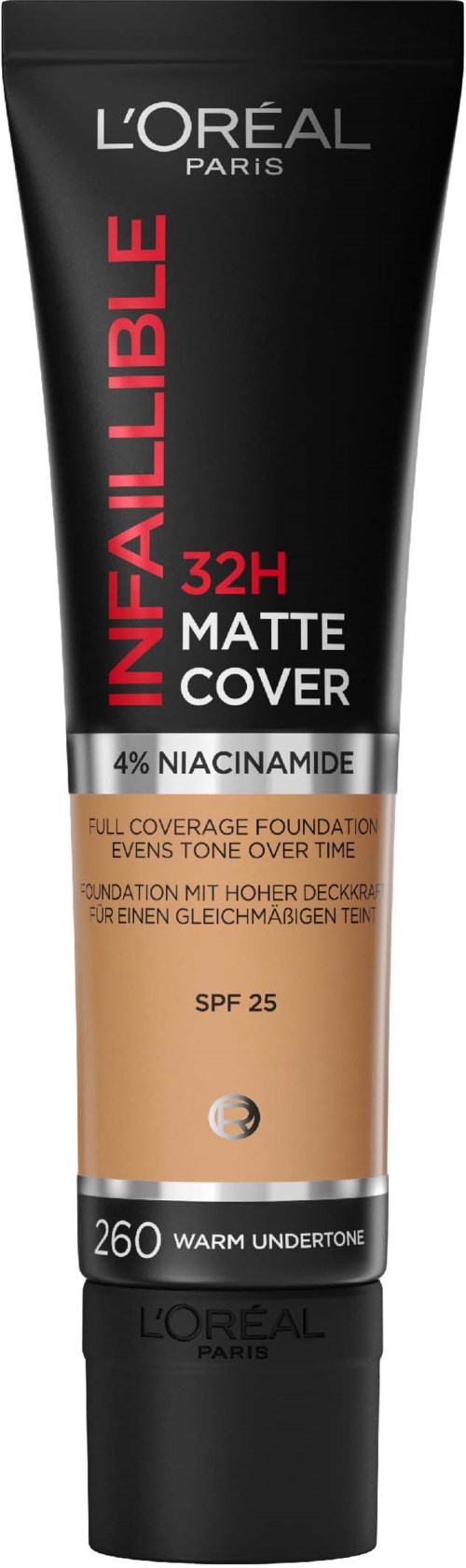 Musta putki L'Oréal-meikkivoidetta, jossa punainen ja valkoinen teksti, kertoo mattapinnan ja SPF 25. Sisältää 260 lämmin sävy.