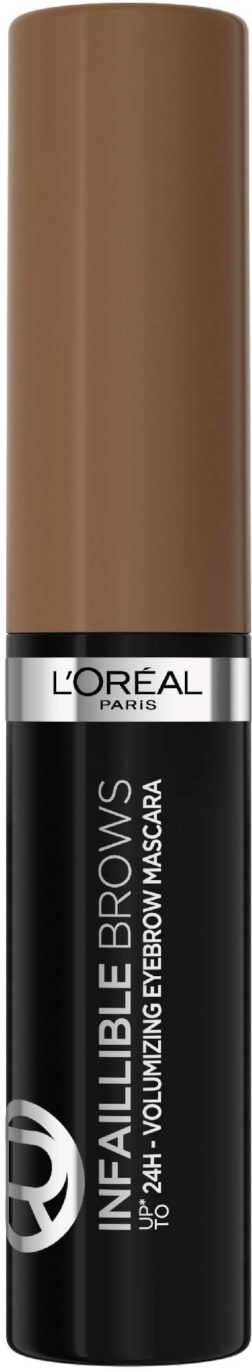 L'Oréal Infinite Brow Mascara, ruskea putki ja musta ja hopeinen etiketti.