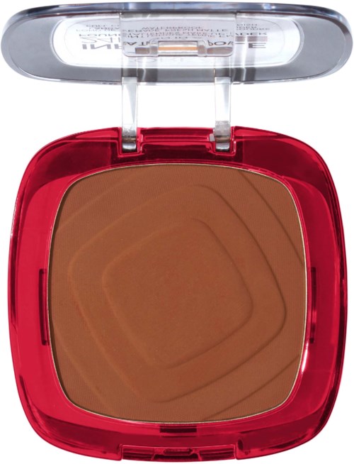 Ein roter Puder mit braunem Make-up und durchsichtigem Deckel.