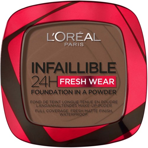 L'Oréal Infallible 24H Fresh Wear Foundation in einer quadratischen roten Dose mit schwarzen Akzenten und durchsichtigem Fenster.