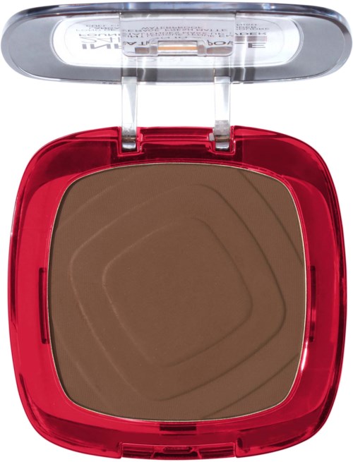 Ein roter Compact mit braunem Puder im Inneren und transparentem Deckel.