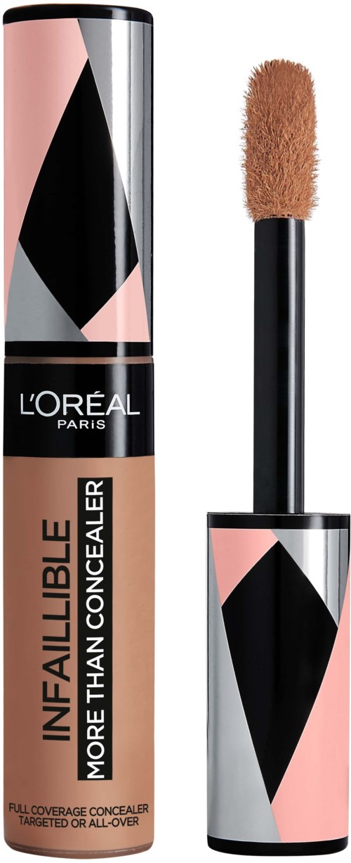 A L'Oréal concealer tube with a pink, black, and silver design, and a wand applicator with a brown tip.