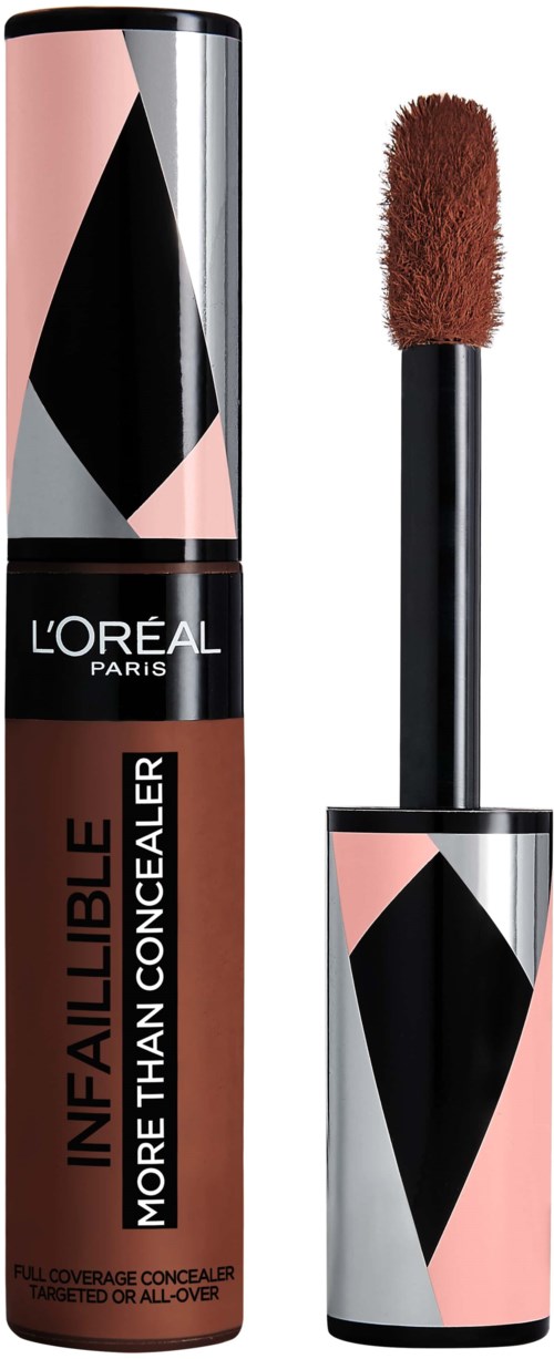 A L'Oréal concealer tube with a pink, black, and silver design. It has a brush applicator with a rounded tip.