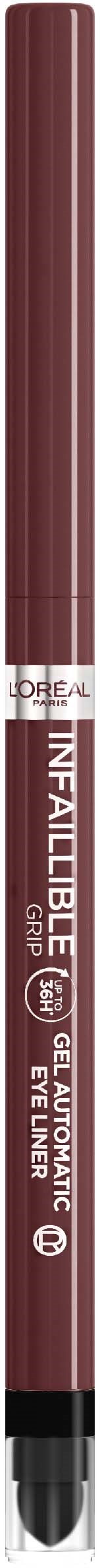 En brun leppeblyant med svart spiss og merking med teksten "Infallible Lip Liner".