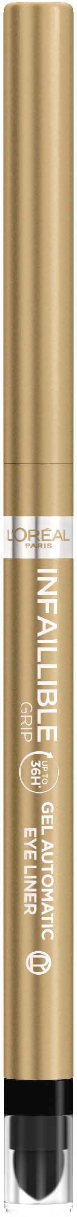 En beige eyeliner-penne med svart tupp og tekst på siden. Den ser ny og ubrukt ut.