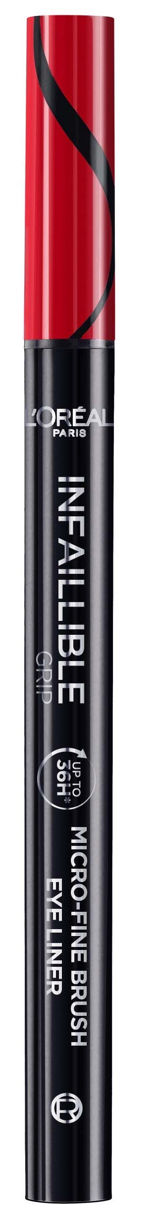 A black and red eyeliner pencil with white text displaying its brand and product details.