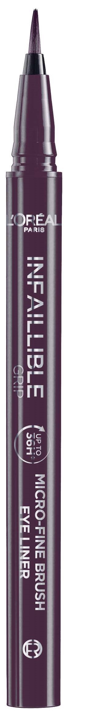 A purple eyeliner pen with a pointed tip, labeled 'L'Oréal Infallible Micro Ink Brush Eyeliner.'