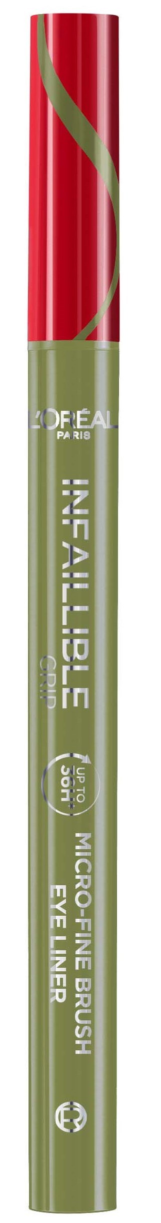 Ein grüner Eyeliner mit rotem Deckel und kleinem grünen Design.