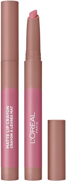 Różowy balsam do ust L'Oréal z beżową nasadką, pokazujący końcówkę produktu i branding.