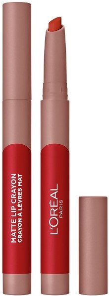 Matte läpppenna med beige och röd förpackning, L'Oréal Paris-märkning och vridfunktion.