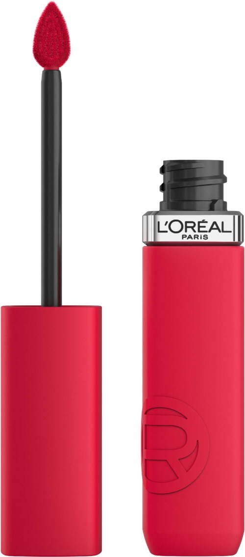 Punainen huulipuna, jossa on irrotettava kansi ja sivellin. Merkkinä on L'Oréal Paris, ja kansi on pois.