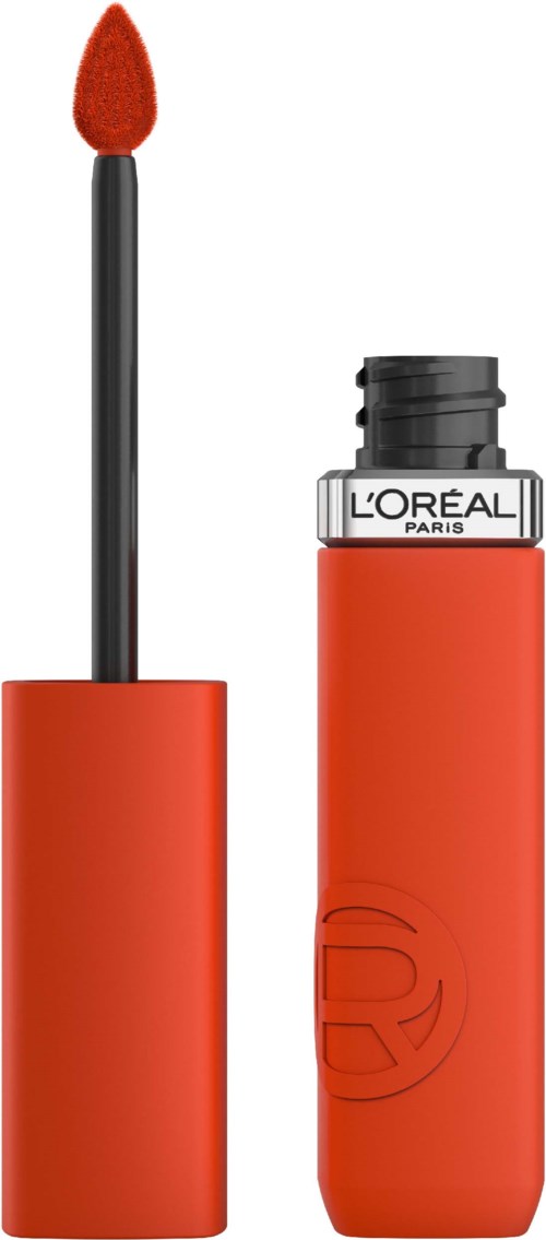 Huulikiiltoputki, avattu, näkyy punainen kiilto, L'Oréal Paris -merkki hatun päällä.