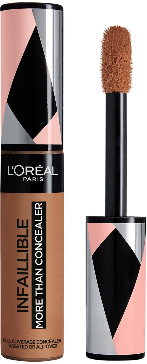 L'Oréal-peitevoide, jossa on vaaleanpunainen ja musta geometrinen muotoilu, ja sieniapplikaattori.