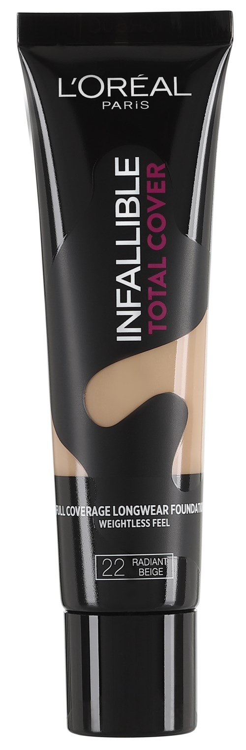 En svart tub av L'Oréal Infallible Total Cover foundation med beige färg och text på.