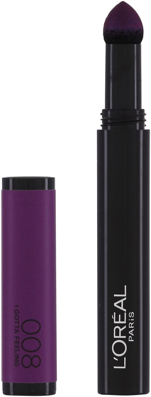 En lila läppbalsamrör med svart lock, och ett svart läppstift med lila färg. L'Oréal Paris-loggan synlig.