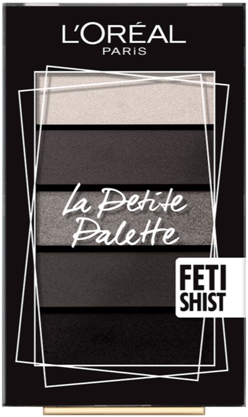 L'Oréal ögonskuggspalett med fem nyanser, från ljus till mörk, märkt "La Petite Palette" och "FETISH."