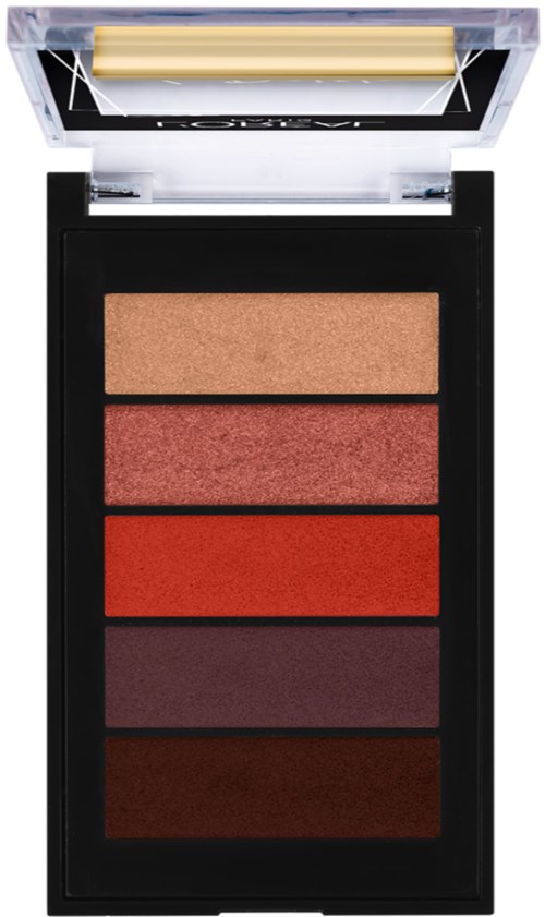 En makeup-palett med fem nyanser från ljus beige till mörkbrun i ett kompakt fodral med spegel.