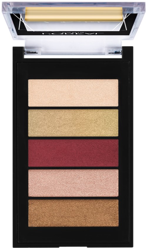 En sminkpalett med fem färgade puder: kräm, guld, röd, rosa och brun, i ett svart fodral med spegel.