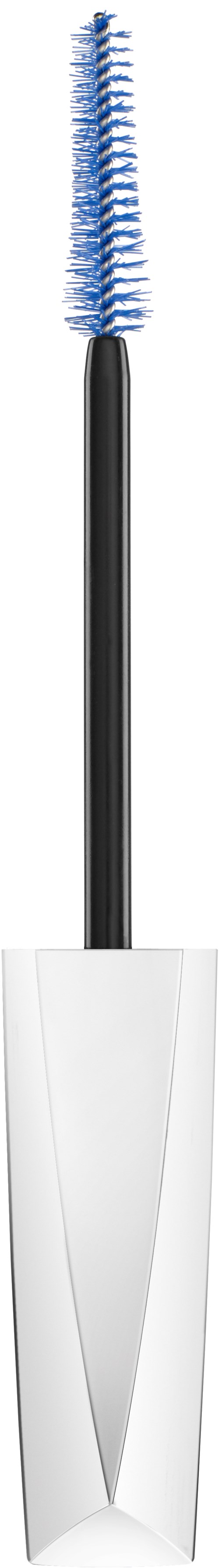 A mascara brush with a blue and black bristled wand and white container.