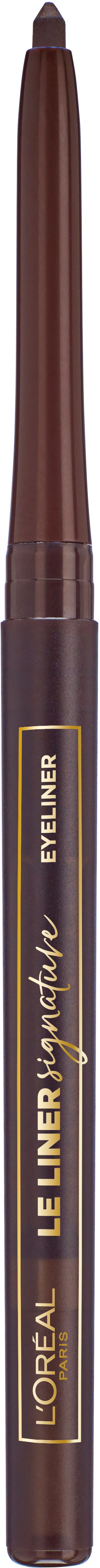 A brown eyeliner pencil with gold and black label, says "L'Oreal" and "Eyeliner".