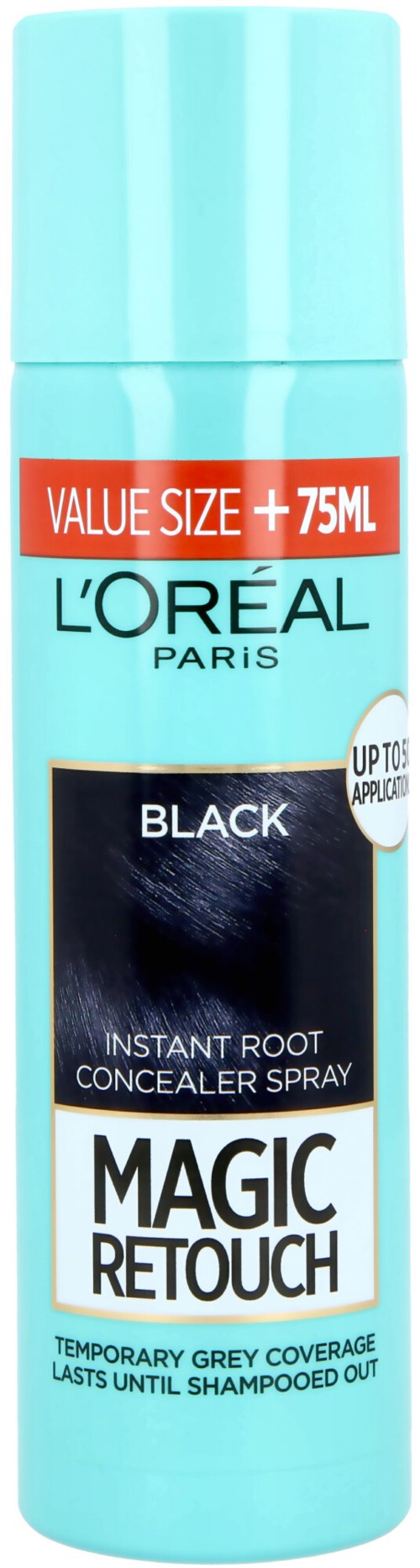 En lys blå sprayboks med en rød stripe, viser svart hår og sier "Magic Retouch" for midlertidig dekk av grått hår.