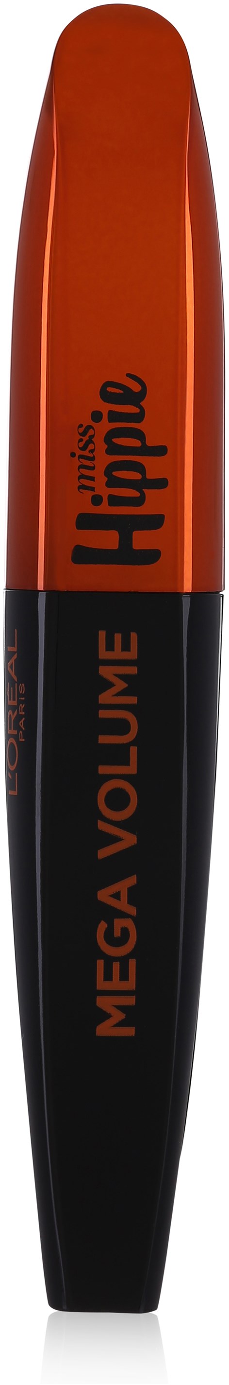 En mascara-rör i orange och svart färg, märkt "Mega Volume" och "Hippie."