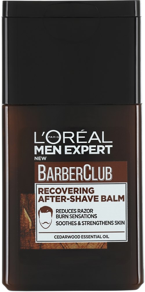 A brown bottle with a black cap, labeled L'Oreal Men Expert BarberClub recovering after-shave balm.