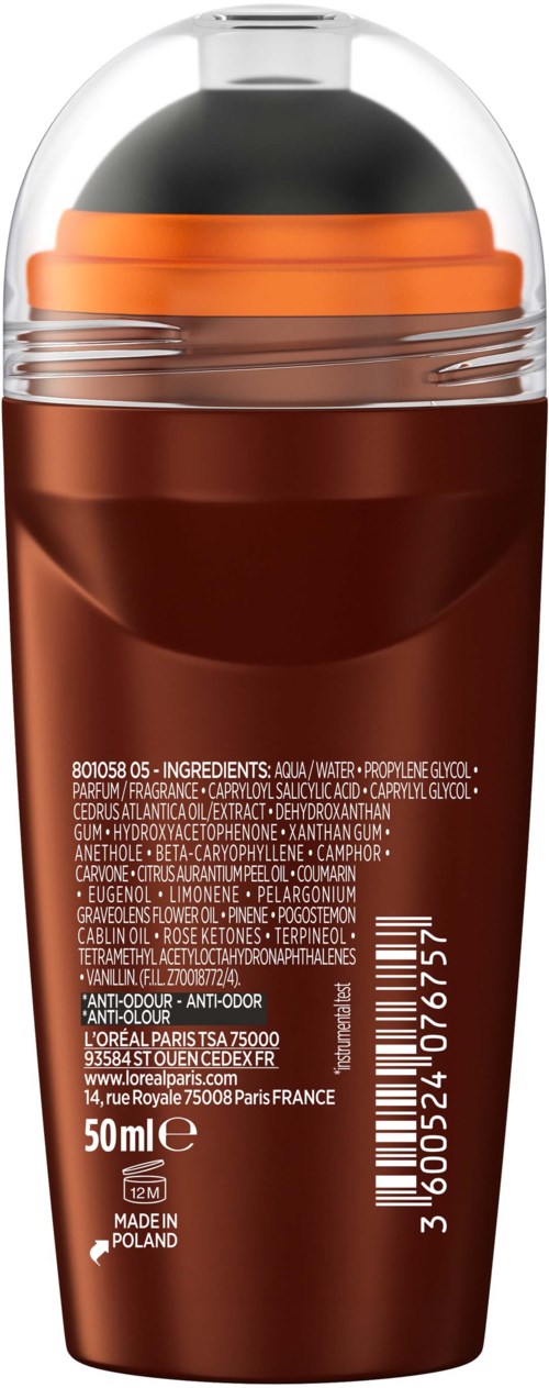 Bilden visar en brun flaska med svart lock och genomskinligt lock, märkt med ingredienser och streckkod.