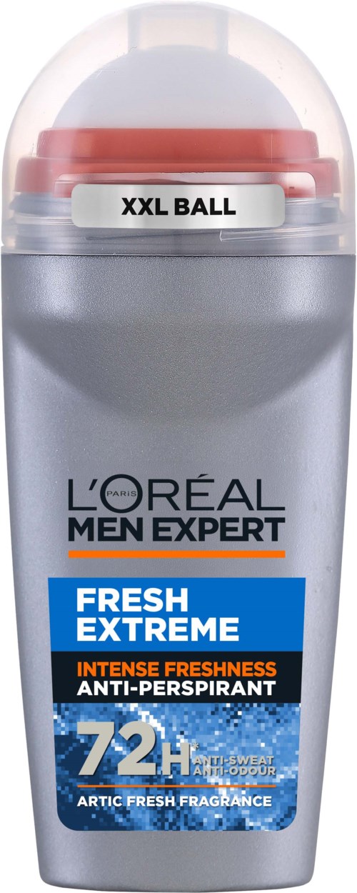 L'Oréal Men Expert Fresh Extreme Anti-Perspirantenspray mit Arctic Fresh Duft, 72 Stunden Schutz, in Silber und Blau Verpackung.