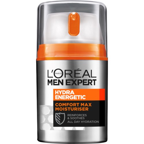 En silverfärgad och orange flaska med L'Oréal Men Expert Hydra Energetic dagkräm, pumptop.