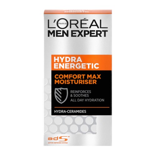 En vit förpackning med svart och orange text som marknadsför L'Oréal Men Expert Hydra Energetic fuktighetskräm för hel dags hydrering.