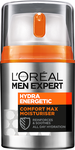 En silver- och orange flaska av L'Oréal Men Expert Hydra Energetic ansiktskräm för daglig fukt.
