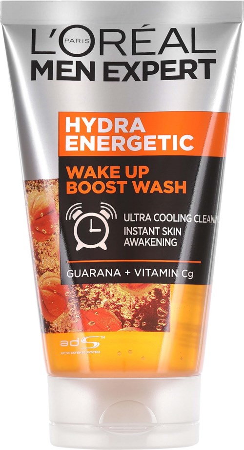 Eine Tube Männer-gesichtsreiniger von L'Oréal Men Expert Hydra Energetic Wake Up Boost Wash mit orange und schwarz.