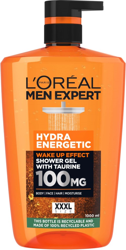 Orange badskumsflaska med svart pump, märkt L'Oréal Men Expert Hydra Energetic, 100MG, XXXL, 1000 ml.