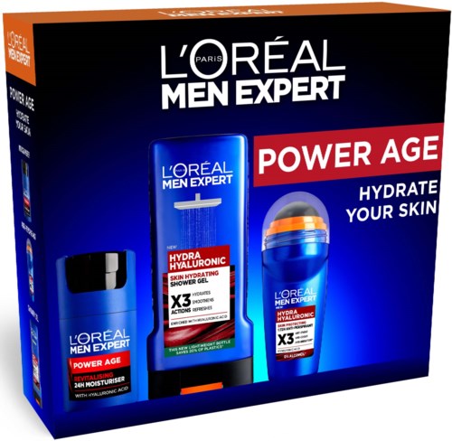 L'Oréal Men Expert Power Age Hydra Hyaluron set med duschgel och fuktkräm i blå förpackningar.