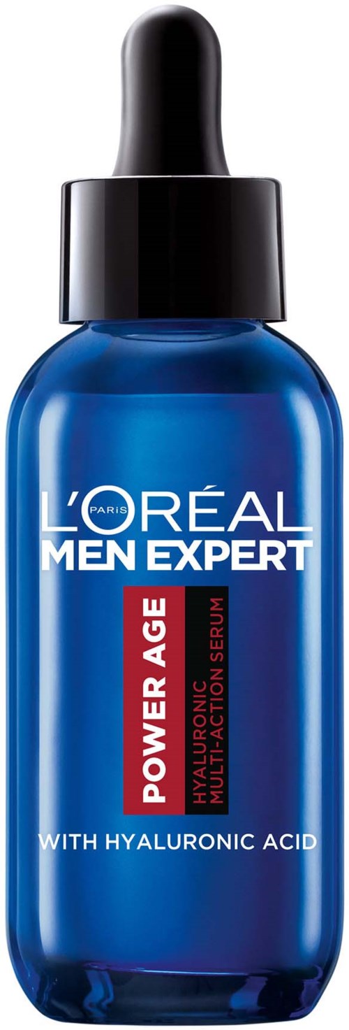 En blå flaska med svart droppkork märkt L'Oréal Men Expert Power Age serum med hyaluronsyra.