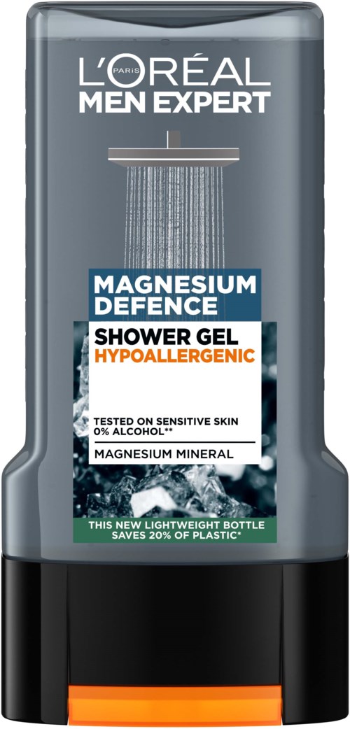 En grå duschtvål flaska med en duschikon och blå, vita och orange etiketter. Den är för känslig hud och är hypoallergen.