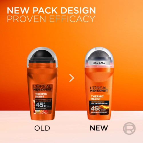 Sammenligning af gamle og nye L'Oreal Men Expert deodorantemballager, fremhæver designændring og større størrelse.