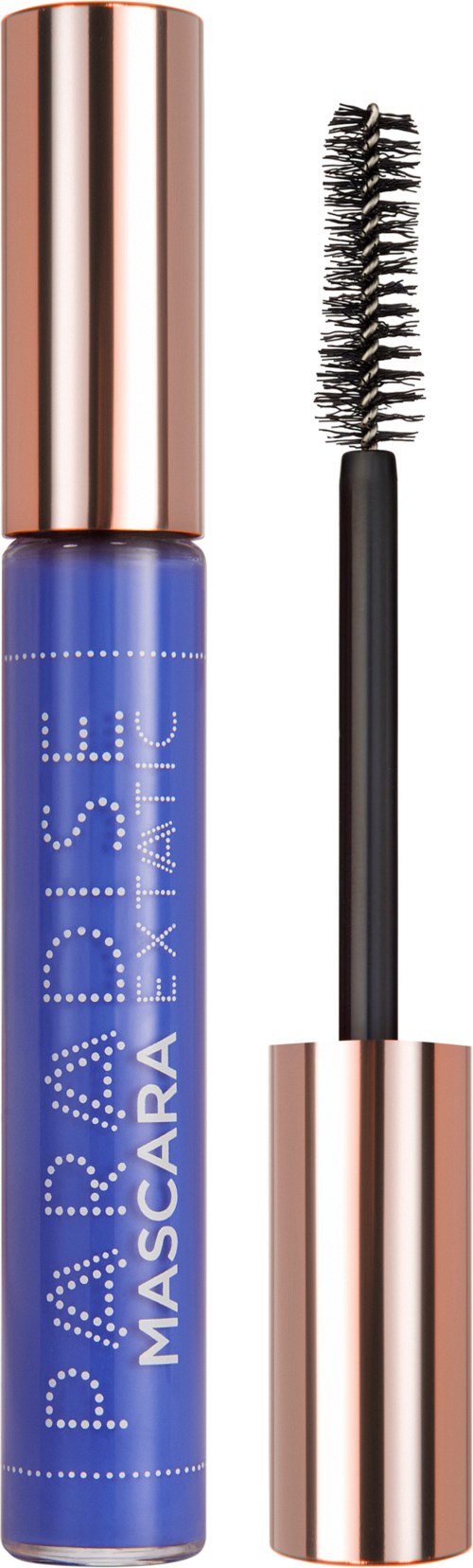 Blå mascara tube med rosegullhette, med børste for å påføre mascara.